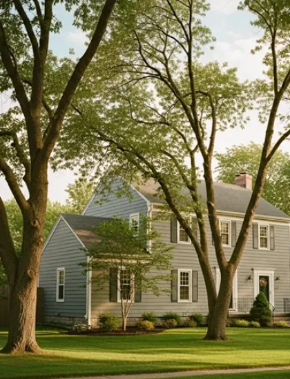 trees and shrubs in front lawn